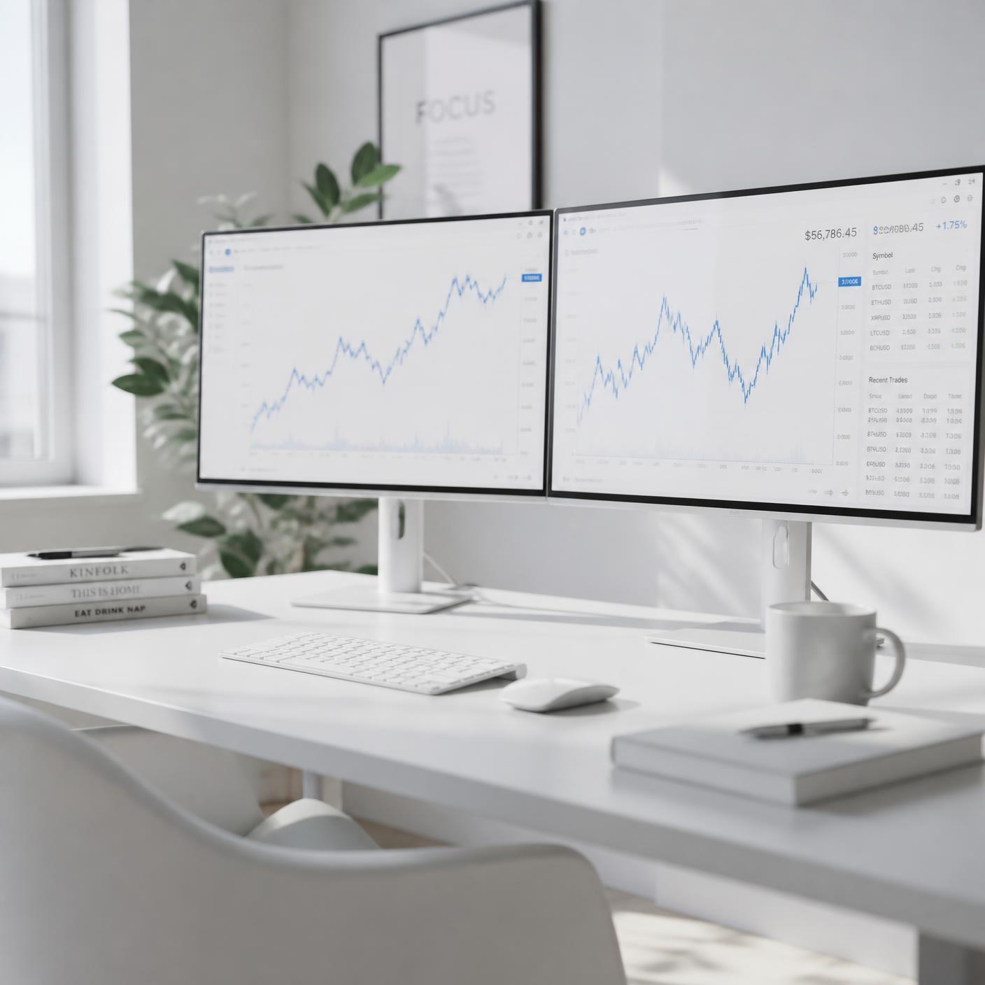 Bright minimal trading workstation with financial charts